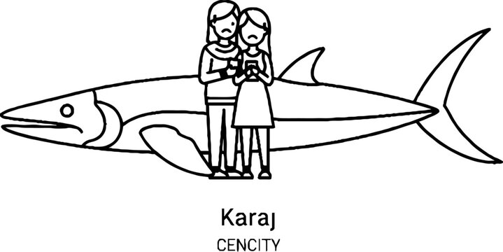 Women looking at phones standing near a giant fish