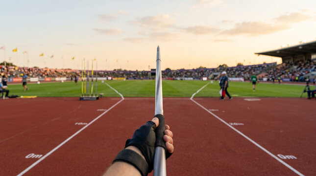Sleek Javelin Tip Aligned on Runway Toward Open Field Athletic Precision and Momentum