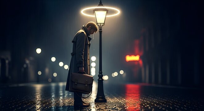 A lone man in a trench coat stands dejectedly under a street lamp at night.