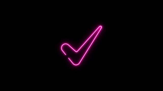 Glowing pink neon check mark animation on black background, for ui ux, and success confirmation, tick