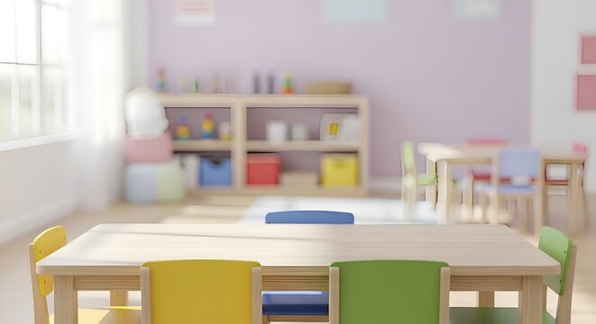 A bright and cheerful kindergarten classroom with small tables and colorful chairs.