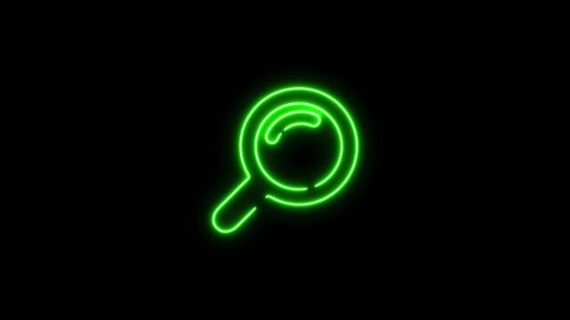 Neon green magnifying glass animation, glowing search symbol for digital interface and web ui search neon sign