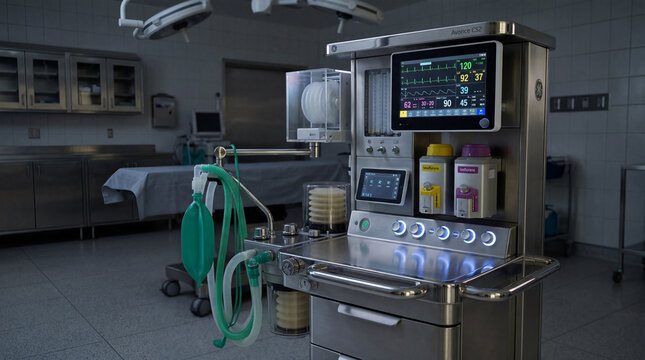 Stainless Steel Anesthesia Machine With Polished Surfaces LED Glow and Premium Operating Room Detail