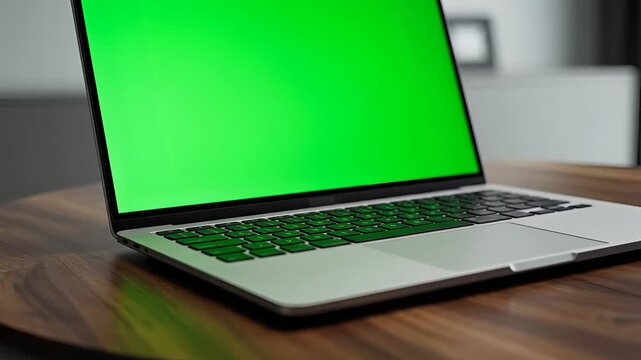 Modern Laptop with Green Screen on Wooden Table.