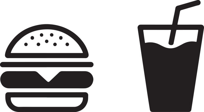 Black and white burger and drink icon set for fast food menu  vector design on transparent background.