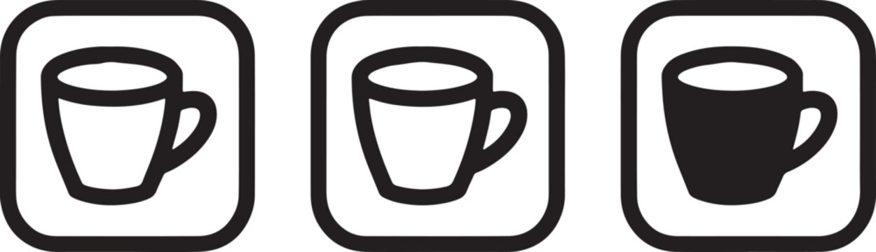 Set of three coffee cup and the tea icons with different fill styles in square frames vector design on transparent background.
