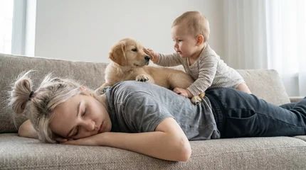 An exhausted woman sleeps face-down on a sofa while a curious baby and puppy climb over her. The scene evokes a sense of deep burnout and the relentless demands of daily life. © Everlasting Dreams