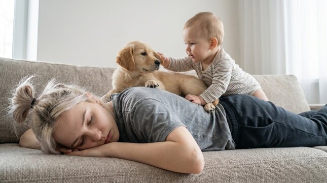 An exhausted woman sleeps face-down on a sofa while a curious baby and puppy climb over her. The scene evokes a sense of deep burnout and the relentless demands of daily life.