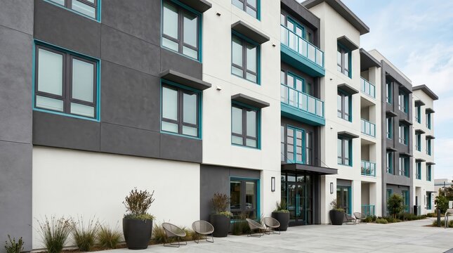 Apartment building featuring ground level seating and planters