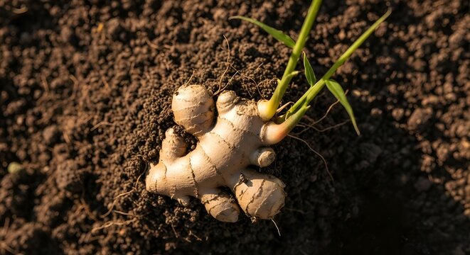 Fresh ginger root with green shoots emerging from rich brown soil.