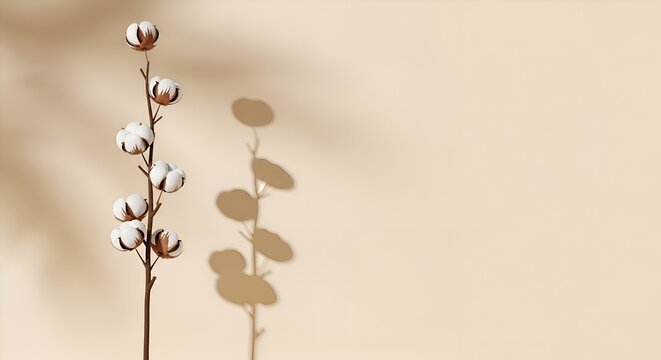A single stem of cotton plant with fluffy white bolls casts a shadow on a plain beige surface.