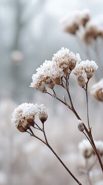 Delicate dried plants covered with shimmering frost on a chilly winter morning