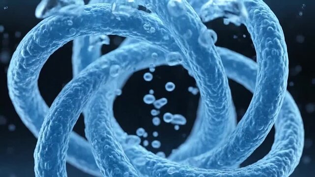 A complex blue abstract knot structure submerged in clear liquid with rising bubbles