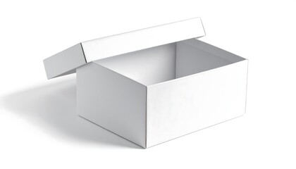 Naklejka premium A stark white, rectangular box with the lid slightly ajar, casting a shadow below. Clean lines and smooth surface