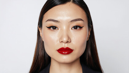 Fototapeta premium Closeup portrait of a woman with long hair and red lipstick looking directly at the camera