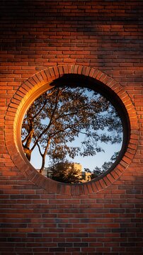 Golden sunset light reflects on trees through a circular brick window