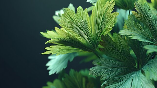 Green fan shaped leaves illuminate against a dark botanical setting