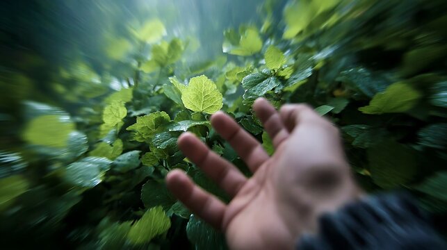 Human hand reaches towards lush green leaves with vibrant motion blur
