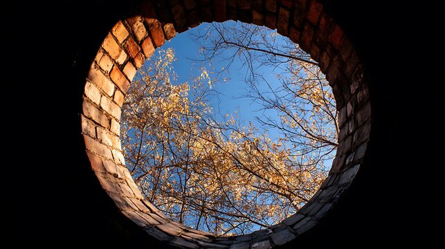 Looking up through a circular brick opening at autumn trees and sky