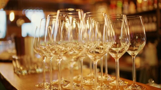 Rows of empty wine glasses on wooden counter, waiting for service, cinematic shot.