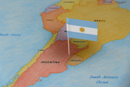Argentina flag pin marking Argentina on South America map, travel destination