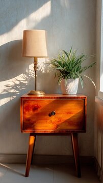 Warm sunlight illuminates a wooden nightstand with lamp and green plant