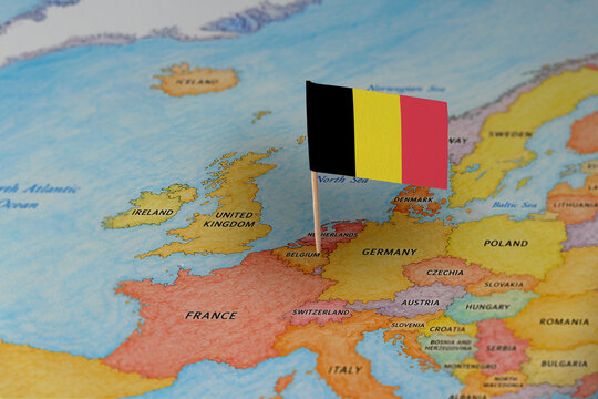 Belgian flag pin marking Belgium on Europe map, travel destination concept