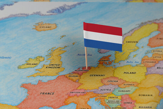 Netherlands flag pin marking Netherlands on Europe map, travel destination concept