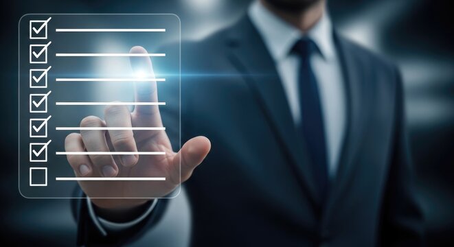Businessman in suit interacting with virtual checklist interface white shirt virtual interface
