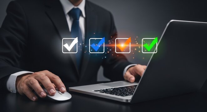 Businessman in suit using laptop with checklist computer mouse