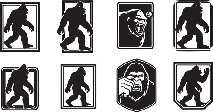 Bigfoot Silhouette Vector Graphic Illustrations Set Black