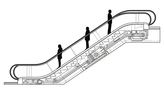 Detailed architectural drawing of an escalator with three figures.
