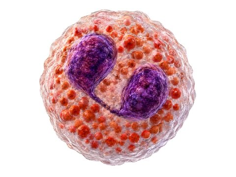 Ultra Realistic Eosinophil White Blood Cell Isolated on White Background, Detailed granular cytoplasm and bilobed nucleus shown in high clarity, representing hematology, immunology,  allergy response.