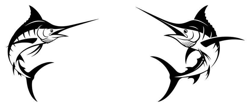 Two black and white marlin fish illustrations side and front views