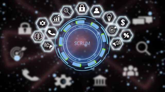 Dynamic scrum methodology digital interface animation featuring animated hexagonal and business process workflow symbols for agile project management and corporate