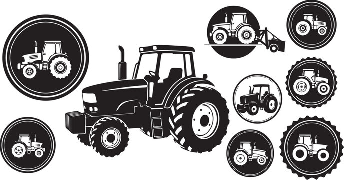 Tractor Silhouette with Various Agricultural Vehicle Icons