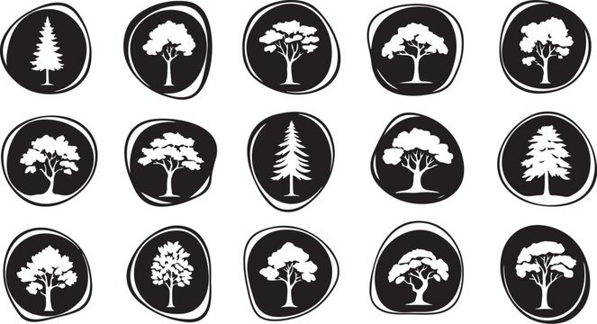 Tree Silhouettes in Black and White Icons Set