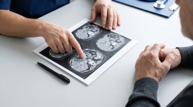 Doctor reviewing brain scan with patient at consultation table