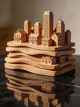 Wooden cityscape model on layered base ideal for sleek commercial backgrounds and title sequences