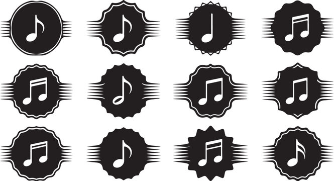 Set of black music note icons and labels