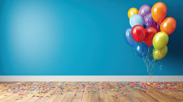 Colorful balloons floating against a vibrant blue wall with confetti on the floor