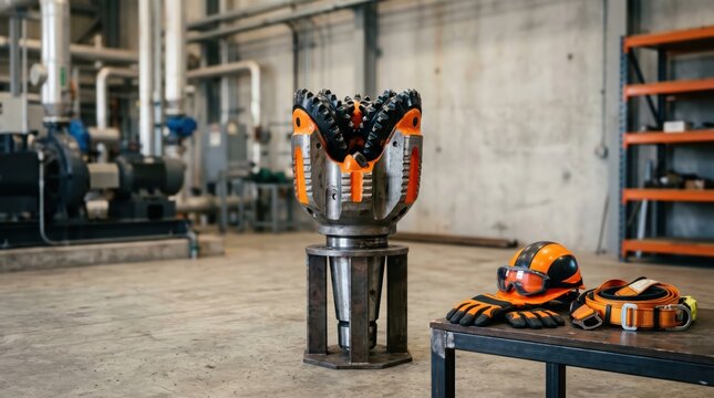 Tri cone drill bit displayed with safety gear in warehouse
