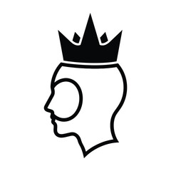 Minimalist Profile Portrait of a Human Head Wearing a Royal Crown Symbol Black and White Icon © MDMILON