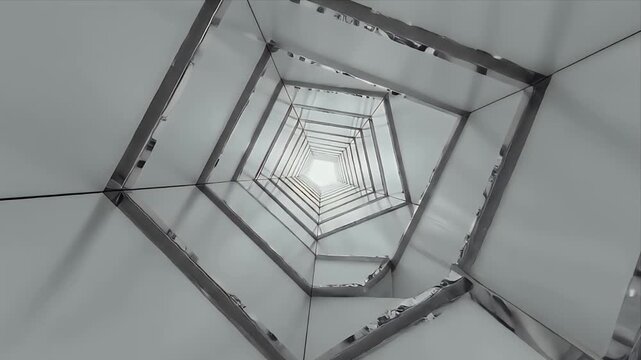 Looping video seamless Abstract geometric spiral pattern mirrored silver frame tunnel with bright center, modern metal architecture, symmetrical reflective interior design, futuristic geometric