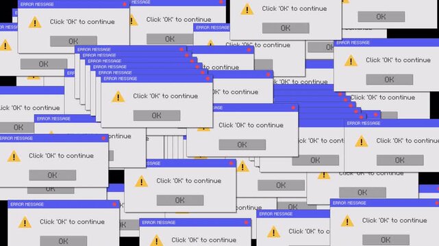 Error message pop-ups. Many error windows computer screen. Perfect for technology, computing. Motion graphics. 4k video