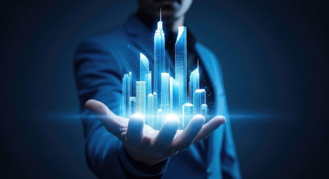 Man in blue suit holding glowing blue cityscape in hand