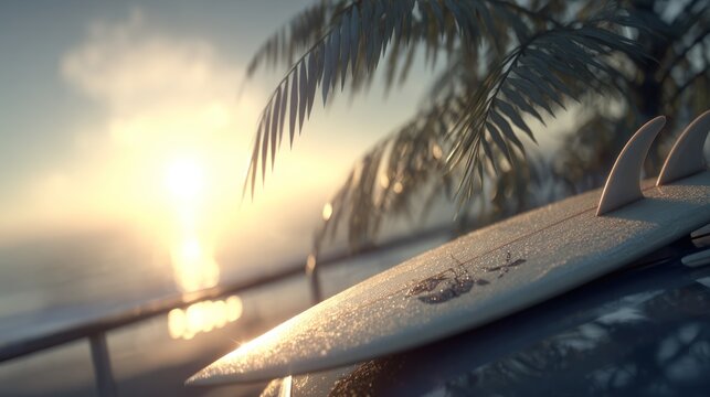 Surfboard on car roof with palm tree and ocean at sunset
