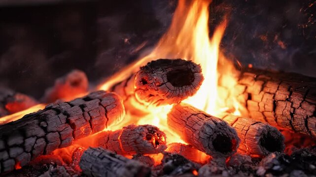 A close-up view of burning logs in a fire.