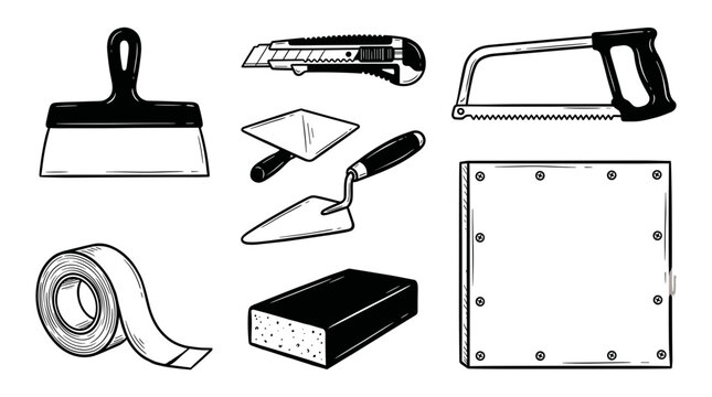Black and white sketch drywall vector set of construction tools including taping knife, saw, trowel, joint tape, sanding block and plasterboard.