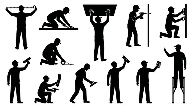 Black silhouette of drywall vector workers installing plasterboard, finishing walls, taping, mudding, lifting sheets and standing on painter stilts.